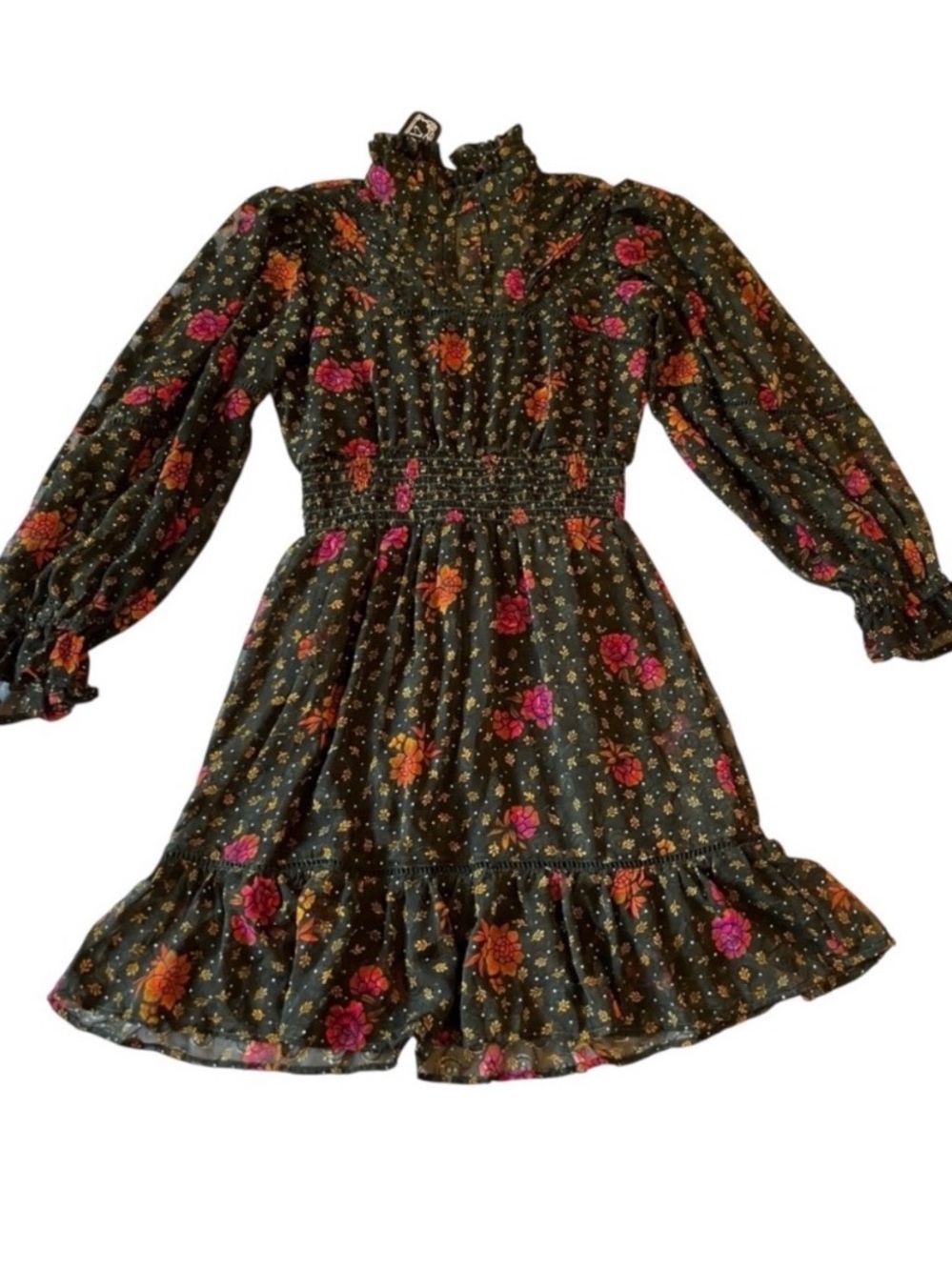 Angie Dark Green Mock Neck Boho Floral Mini Dress Sheer Smocked Waist Size Small